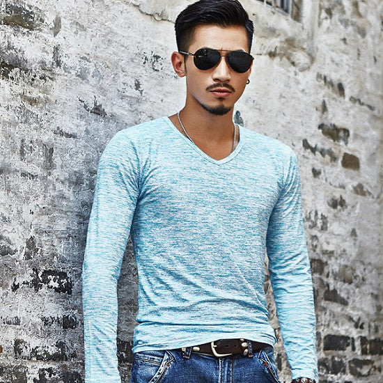 Men's V-neck Pattern Long Sleeve Shirt
