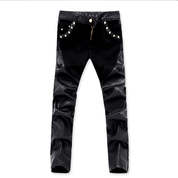 Mens Leather Skinny Spliced Motorcycle Pants