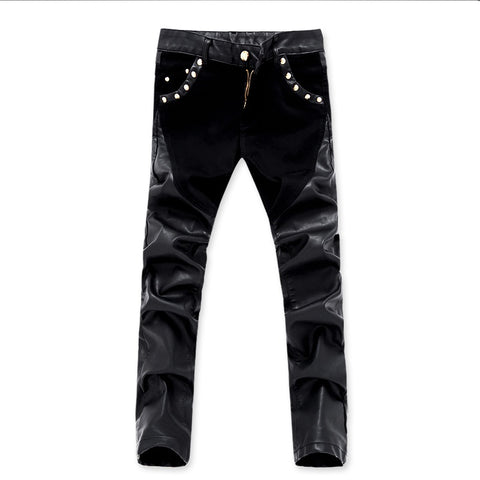 Mens Leather Skinny Spliced Motorcycle Pants