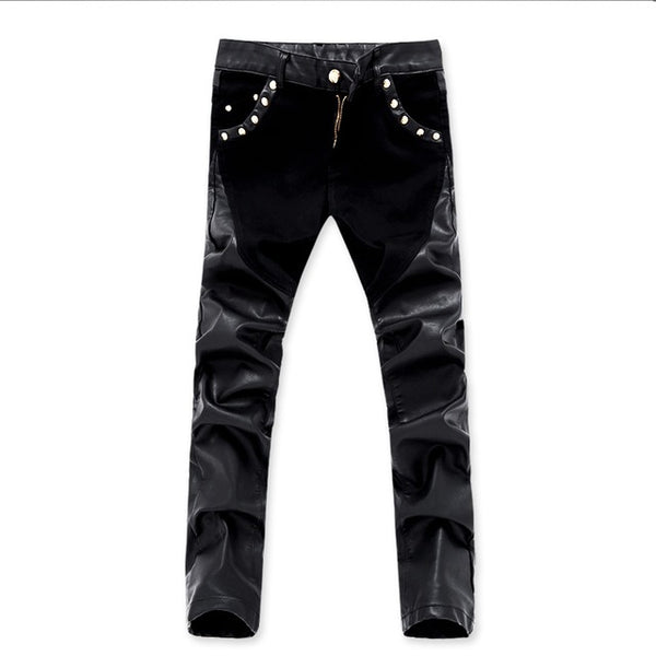 Mens Leather Skinny Spliced Motorcycle Pants